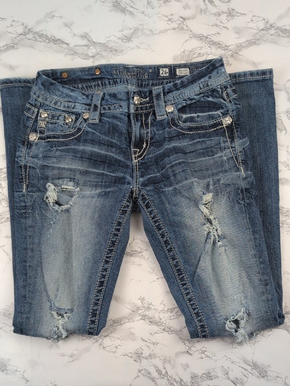 Miss Me Signature Slim Boot Jeans Size 26 Plaid Cross Embellished Distressed - Picture 3 of 15